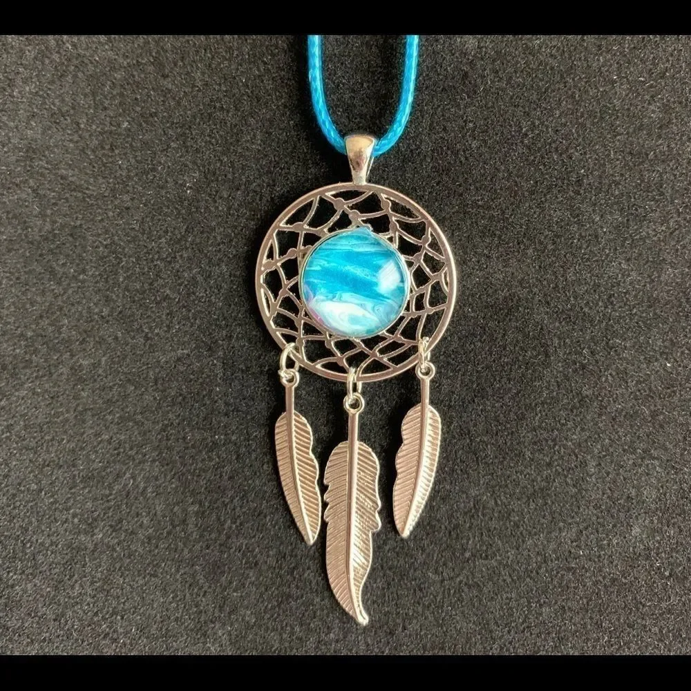 HAND PAINTED GLASS CABOCHON DREAMCATCHER CORDED NECKLACE‎